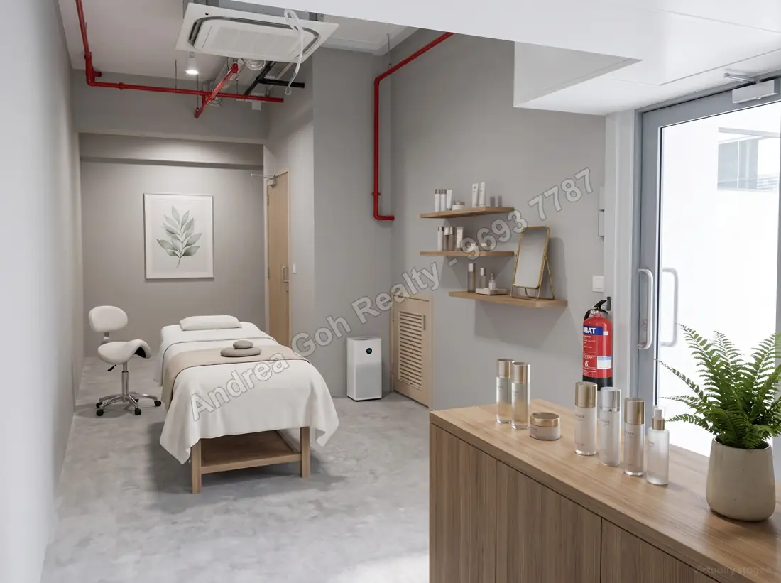 Virtually staged — facial/spa treatment room (based on the vacant unit, before current tenancy; furniture digitally added)