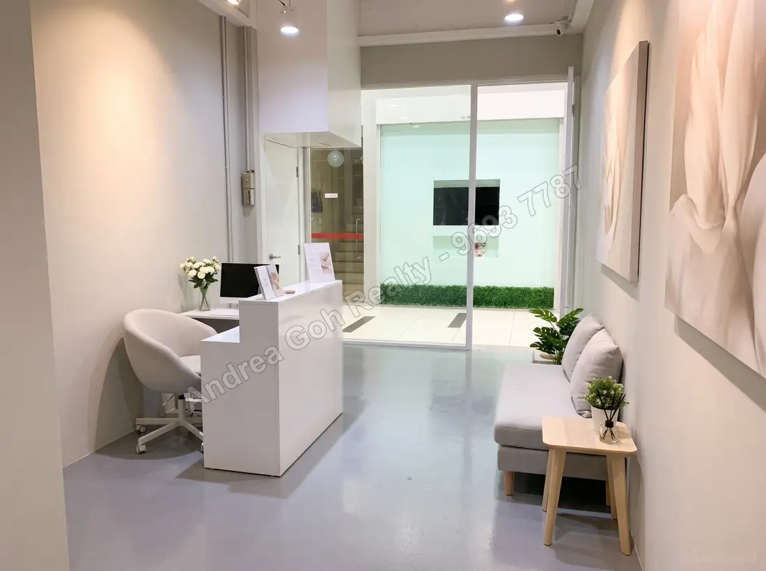 Virtually staged — spa reception/waiting area (based on the vacant unit, before current tenancy; furniture digitally added)