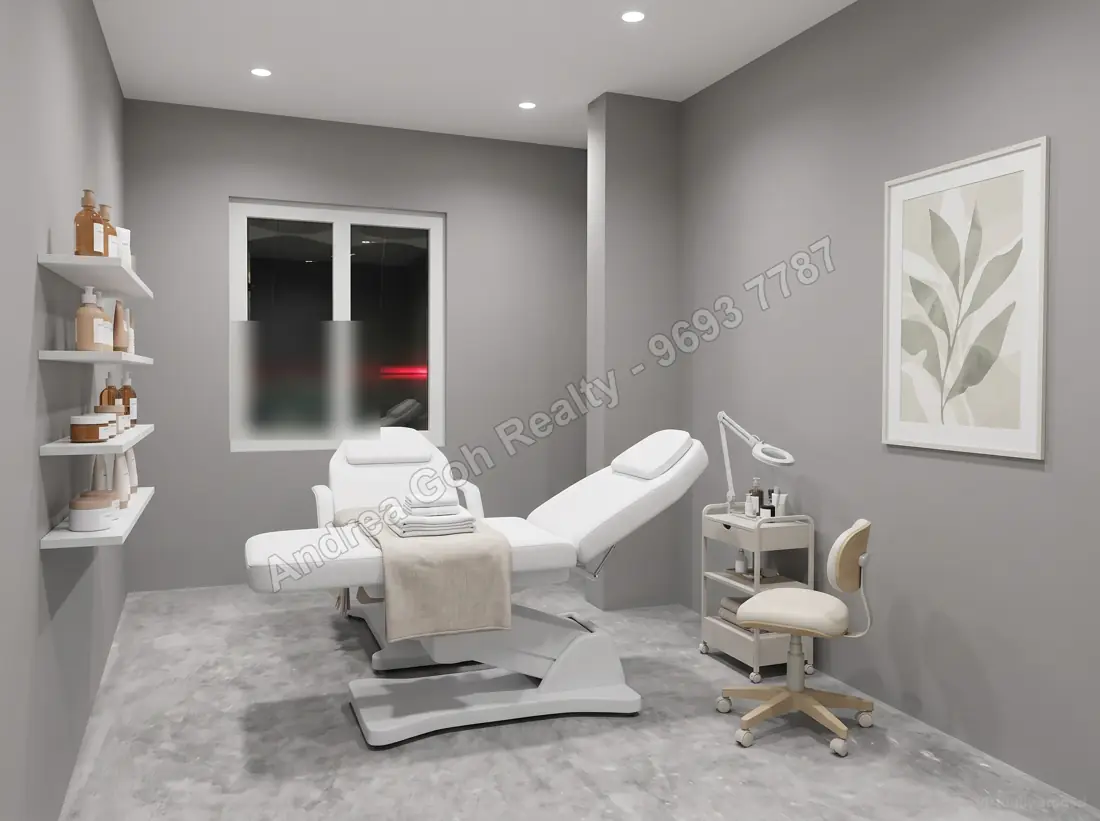 Virtually staged — facial/spa treatment room (based on the vacant unit, before current tenancy; furniture digitally added)