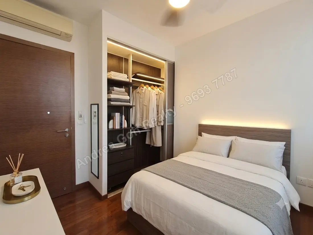 Bedroom with built-in wardrobe - virtually staged (illustrative)
